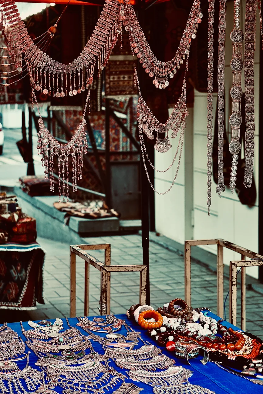 Turquoise jewelry displayed at a Southwest market stall